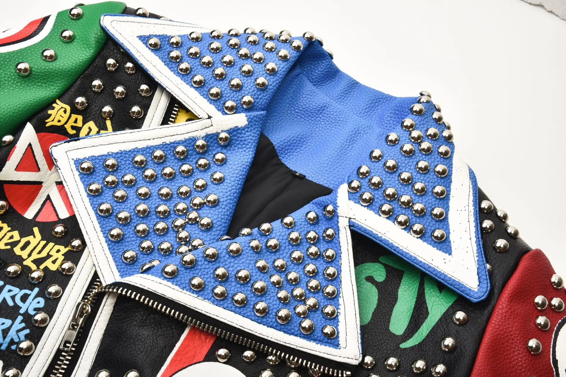 Ladies spring and autumn new hot-selling street fashion letter graffiti hit color rivet punk leather jacket women's jacket