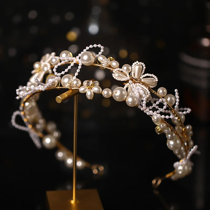 

White Pearl Bridal Hairbands Tiaras Wedding Crown Headband For Bride Hair Jewelry Weave Flower Wedding Hair Accessories Headwear