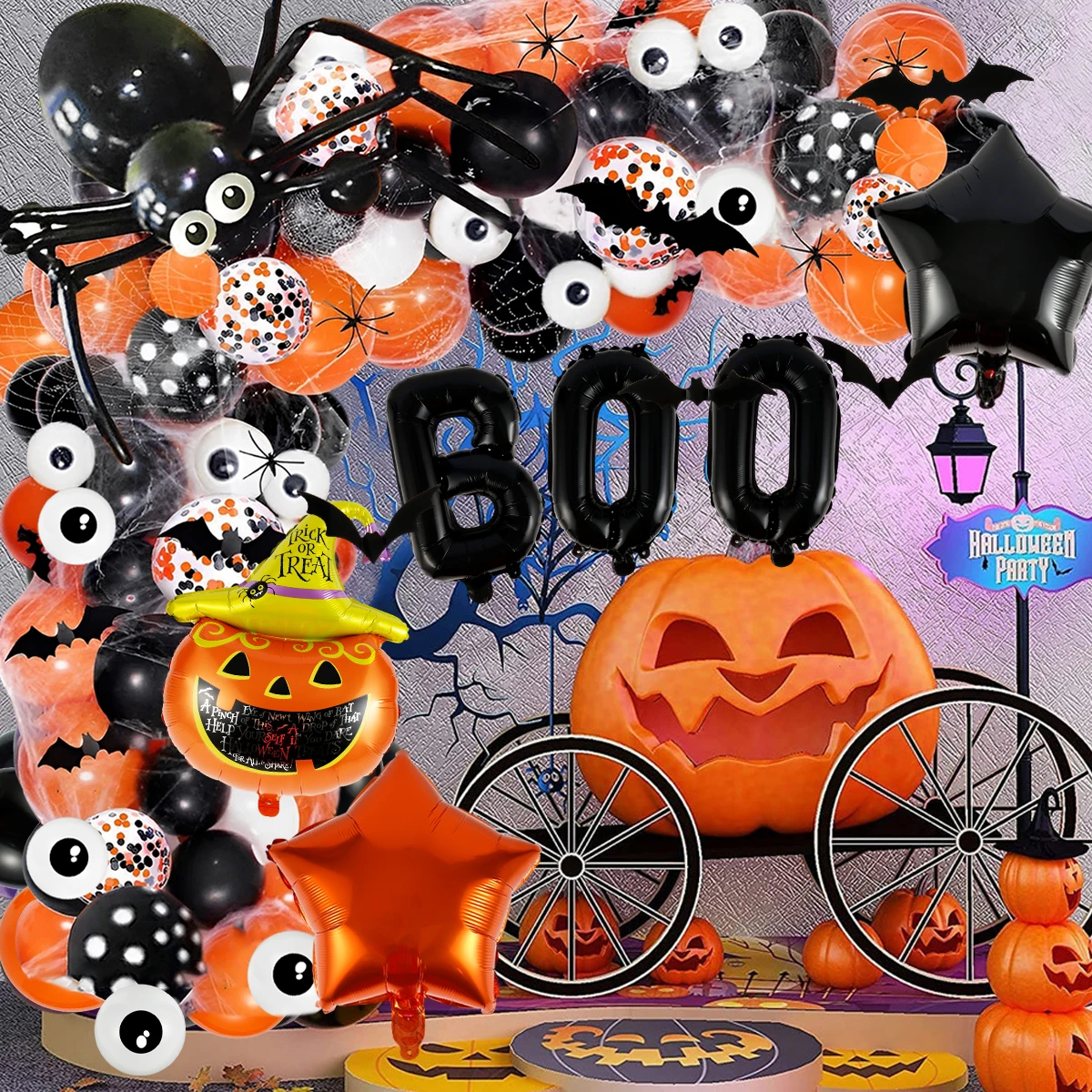 

Halloween Balloons Set Latex Black Orange Balloons Set Reusable Cute Cartoon Bat Pumpkin Balloons with Tape Balloon Fixer