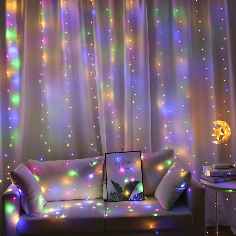 Bedroom Decor New RGB 16 Color-changing Curtain Fairy Light Remote Control Christmas Holiday Decoration for Home Garland