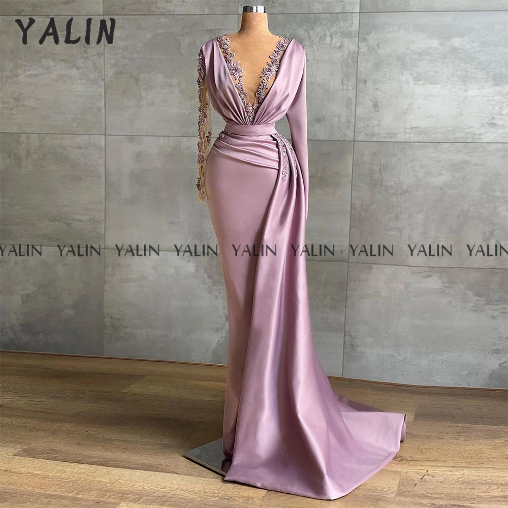 

YALIN Ladies V-Neck Evening Dress Mermaid Long Sleeve Embroidery Sweep Train Pink Lace Prom Dress Plus Size abends kleider 2022