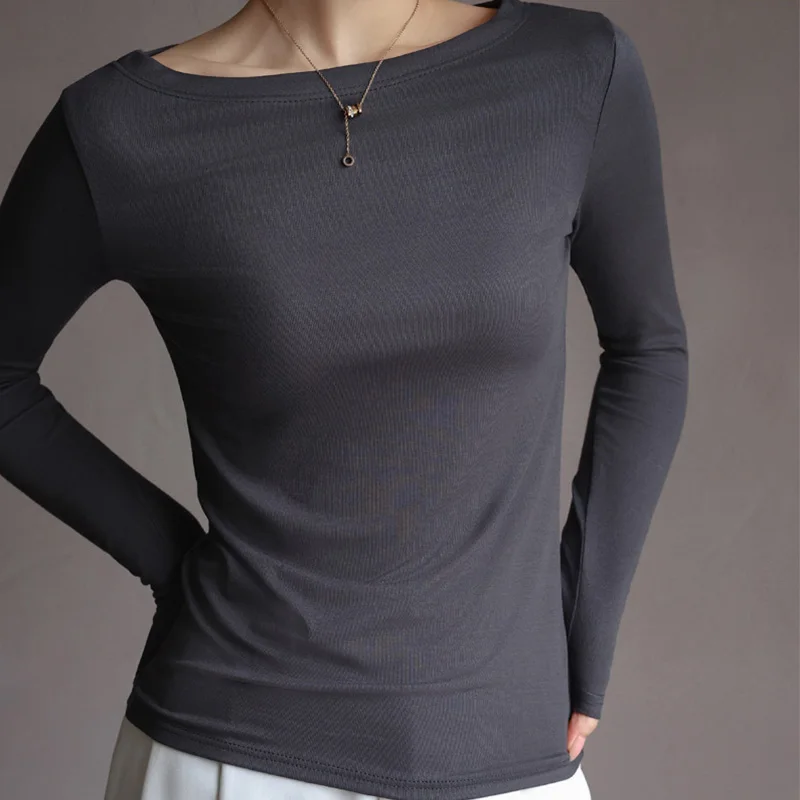 Осенние женские футболки топы из модала для ношения слоями однотонная пикантная