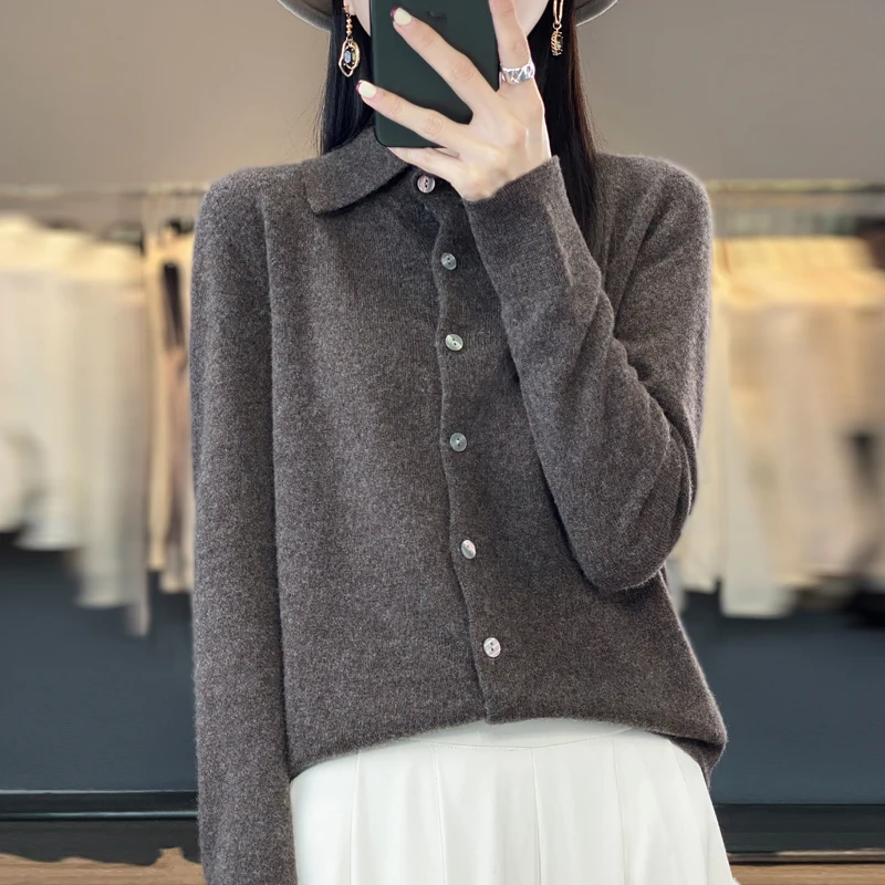 Женский шерстяной вязаный кардиган свободный свитер-поло с воротником