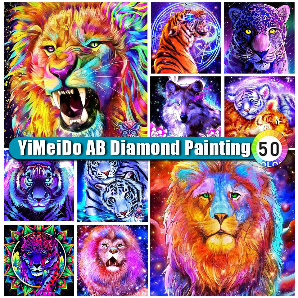 

YIMEIDO Diy AB Diamond Painting Lion Tiger Colorful Mosaic Rhinestone Picture 3D Diamond Embroidery Cross Stitch Animals Art