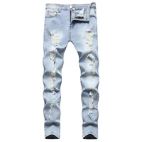 2022 new ripped straight stretch jeans trendy casual slim mens pants