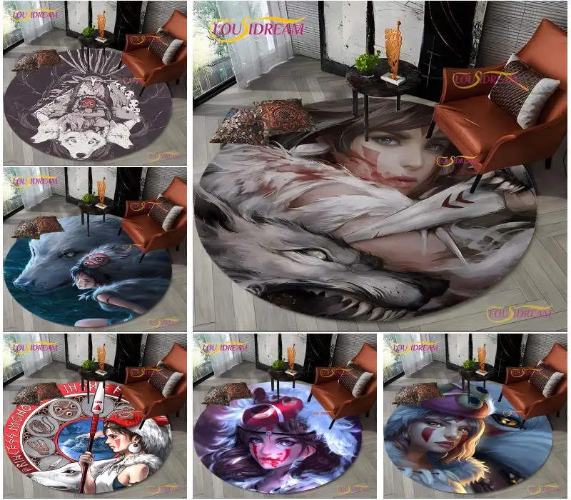 Принцесса Мононоке Аниме Декоративный ковер с животным узором круглой формы для домашнего интерьера, противоскользящий коврик для спальни и кресла.