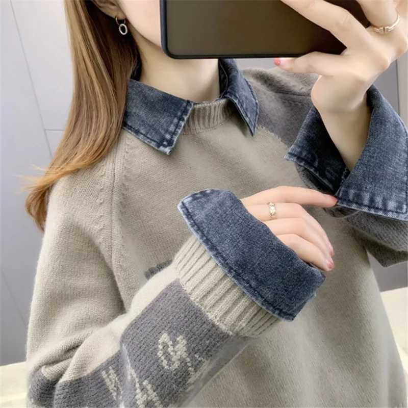 Осень-зима новый модный свитер с отложным воротником и длинными рукавами женский