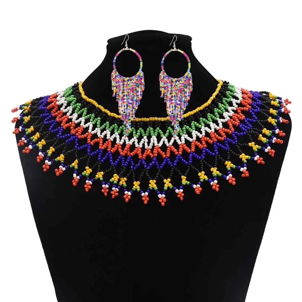 African Resin Beads Choker Collar Necklaces & Earrings Sets for Women Boho Tribal Ethnic Multicolors Statement Necklace Party
