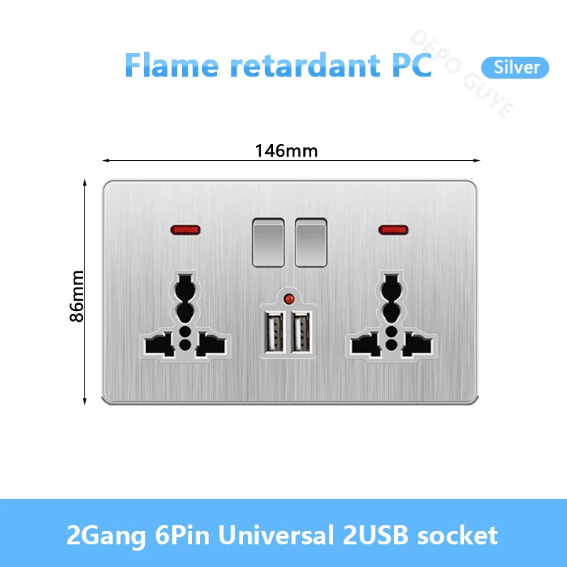 

Серебряные настенные выключатели и розетки Depo Guye 1 Gang 2 Way 13A