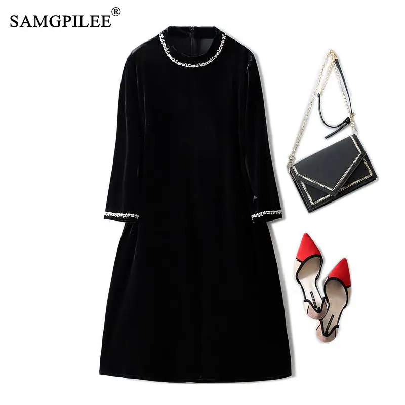 

SAMGPILEE European Station Party Dresses Light Luxury Beaded Banquet Gold Velvet Loose Comfortable Stretch Black Dress Female