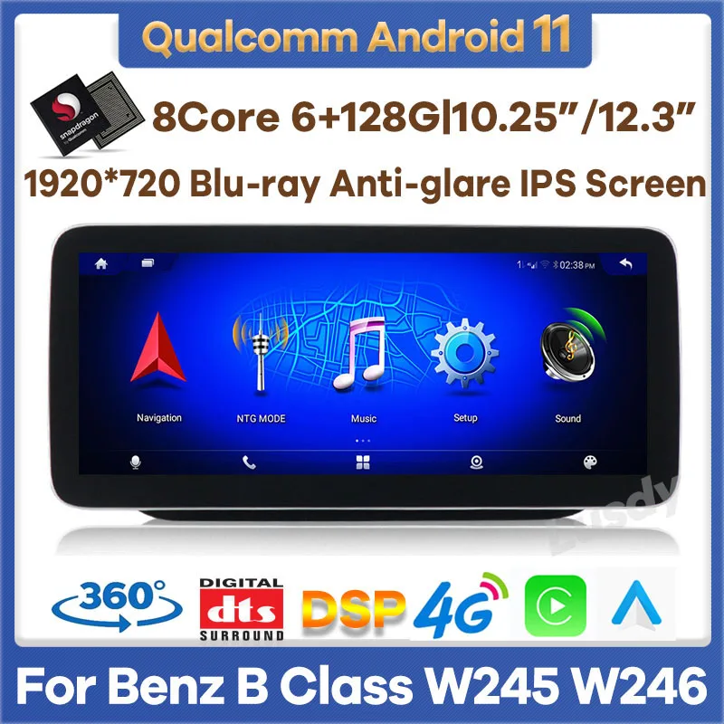

12.3" Qualcomm 6+128G Android 11 Car Video Player for Mercedes Benz B Class W245 W246 Auto Radio Stereo GPS CarPlay Screen 4G BT