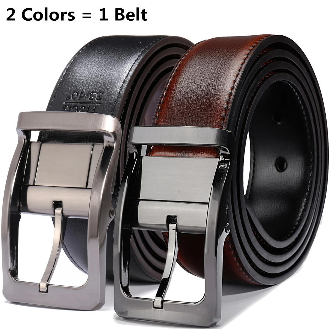 Men's enuine Leater Reversible Belt Rotated Buckle Two In One Bi And Tall