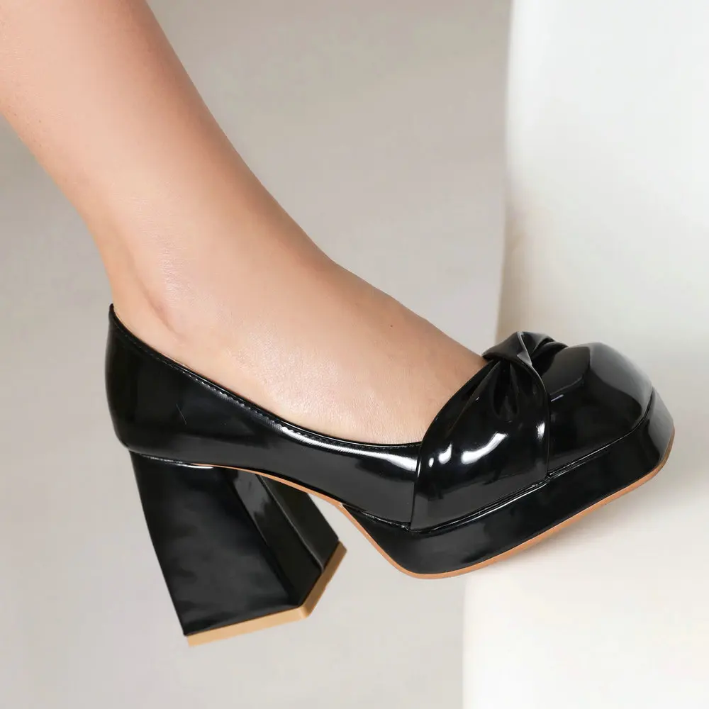 Women's Twist Knot Platform Chunky High Heels Fashion Elegant Lolita Square Toe Slip On Pumps Versatile Dress Shoes White Pink