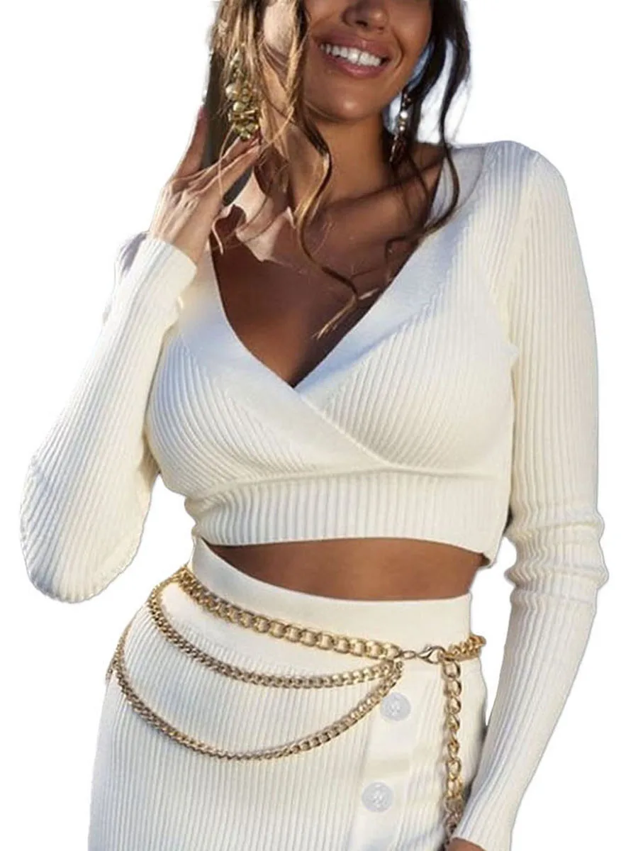 

Женский ТРИКОТАЖНЫЙ УКОРОЧЕННЫЙ ТОП в рубчик с длинным рукавом и V-образным вырезом, однотонный облегающий свитер, рубашка