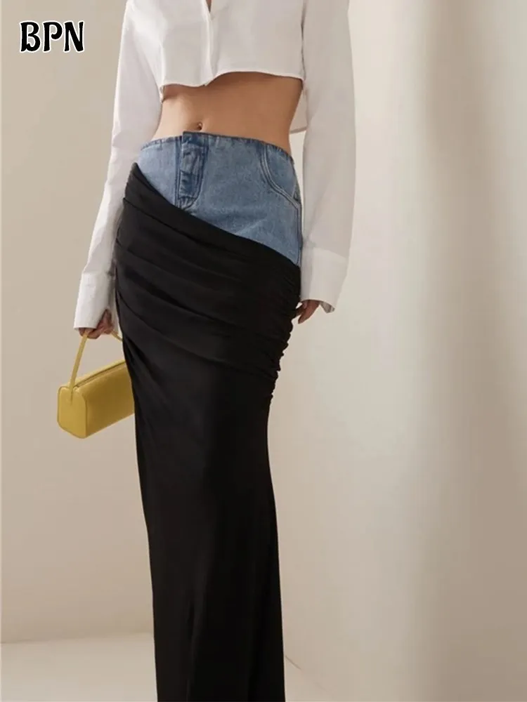 Юбка BPN женская джинсовая трапециевидная, модная облегающая юбка в стиле пэчворк, с завышенной талией, со складками, популярного цвета, на лето