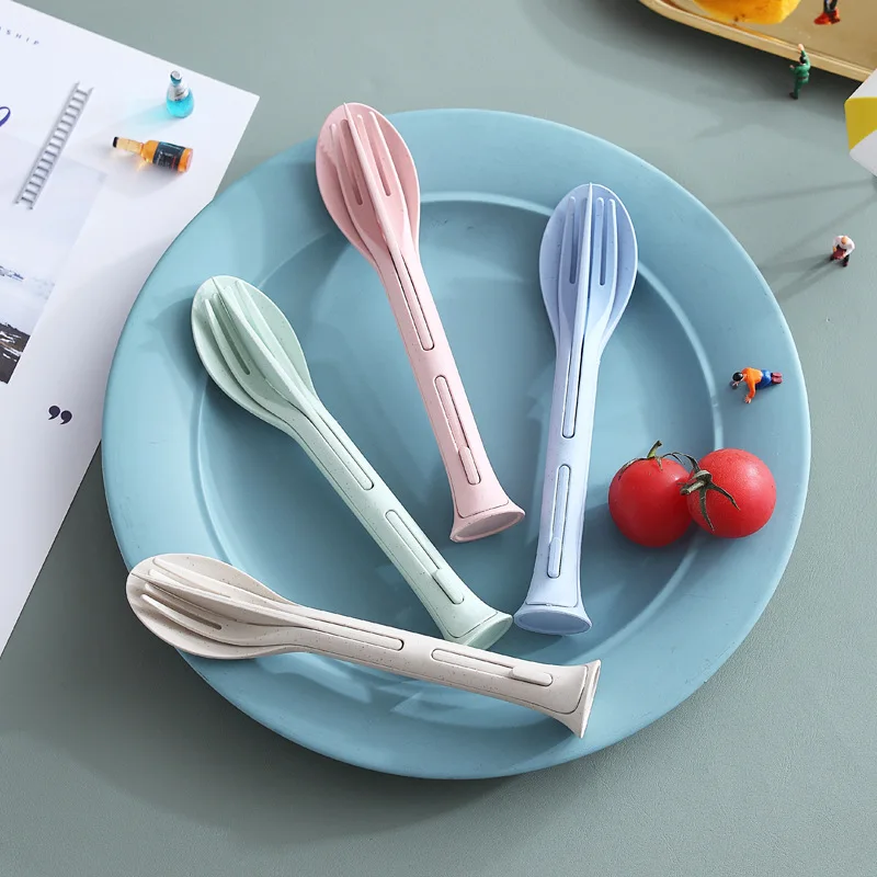 

3pcs/set Wheat Straw Cutlery Tableware Creative Portable Spoon Fork Knife With Box kid Student Dinnerware Sets Kitchen Tableware
