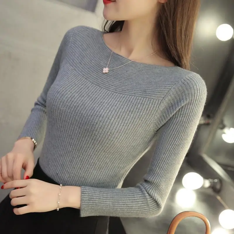 

Women's Knitted Bottoming Shirt Versatile Short Slim Fit Long Sleeve Threaded Tight Pullover Sweater Woman sweater jumper korean