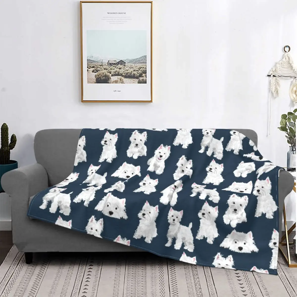 

Tartan And Polka Dots Blankets Soft Flannel West Highland White Terrier Dog Cartoon Westie Throw Blanket for Couch Home Bedroom