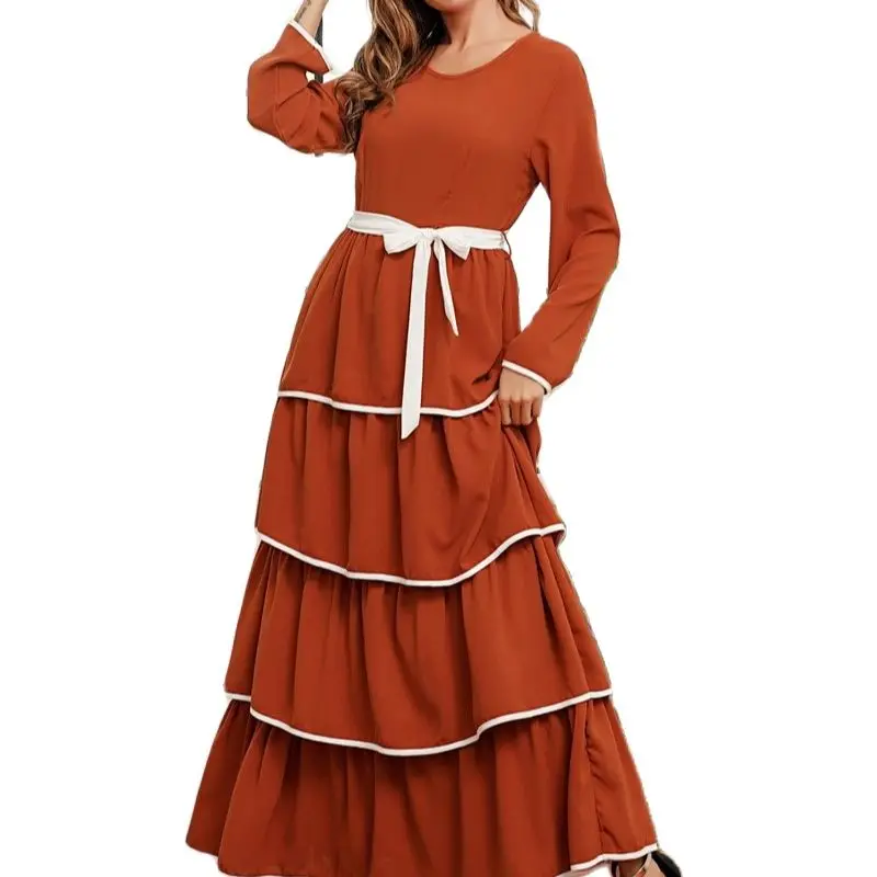 Купи Elegant Chiffon Maxi Dress for Women Autumn 2022 Fashion Contrast Color Trim Layered O Neck Long Sleeve Arabic Muslim Clothes за 631 рублей в магазине AliExpress
