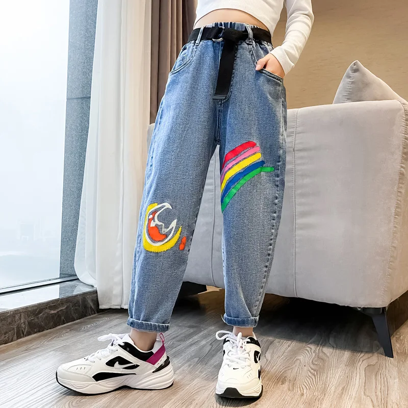 

2022 Children Cartoon Jeans For Girls Kids Jeans Elastic Waist Denim Pants Kids Trousers With Belt Teenage Girls Clothes 12 14 Y