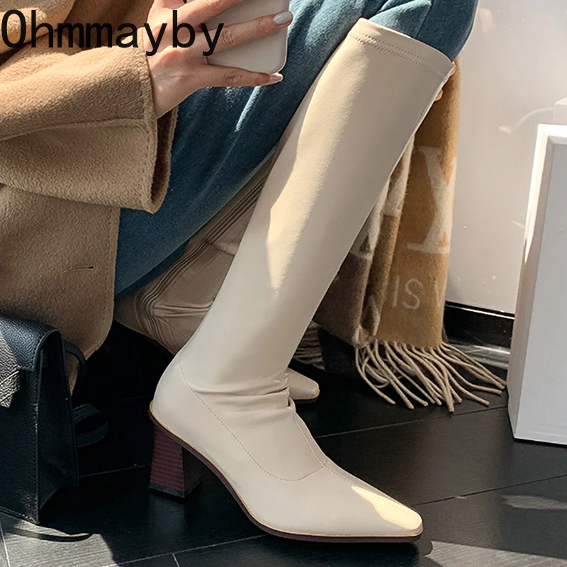

2022 New Knee High Boots Women Square Heel Casual Winter Shoes Zip Fashion Cool Knight Long Bootties