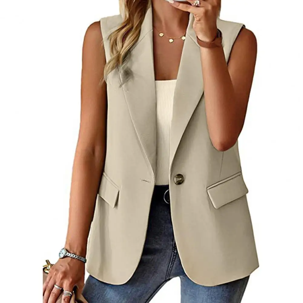 Women Formal Coat Stylish Women's Sleeveless Elegant Lapel Single Button Mid-length Suit Coat for Formal Business Commute