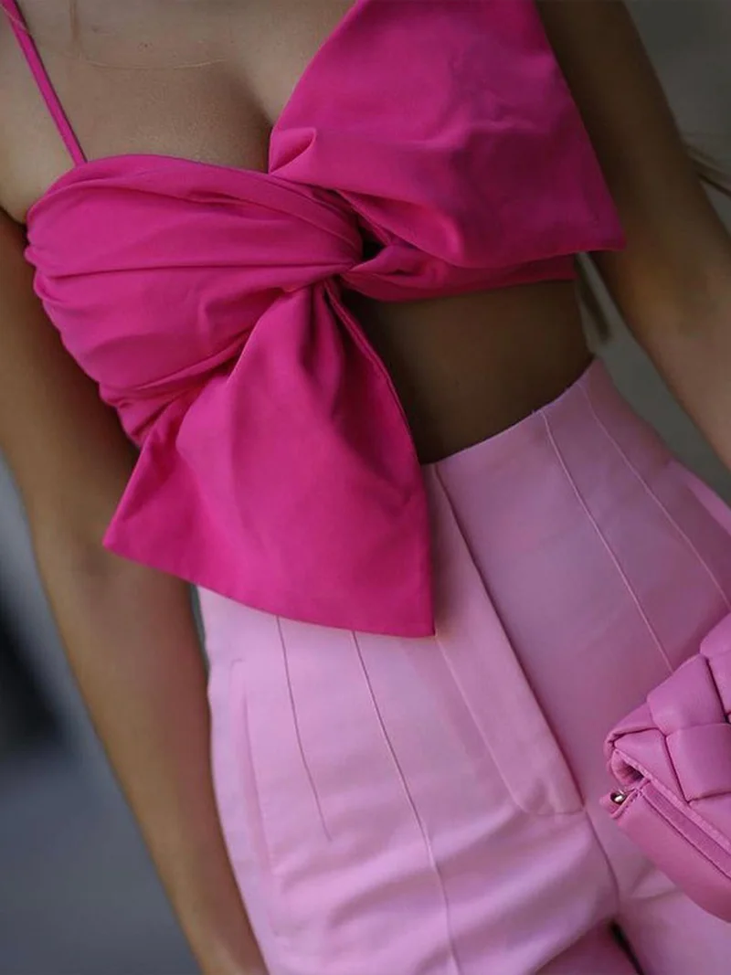 

Fashion Sexy 2022 Summer Woman Clothes Solid Big Bowknot Backless Crop Top Sleeveless T-shirts Backless Corset Pink Orange Green