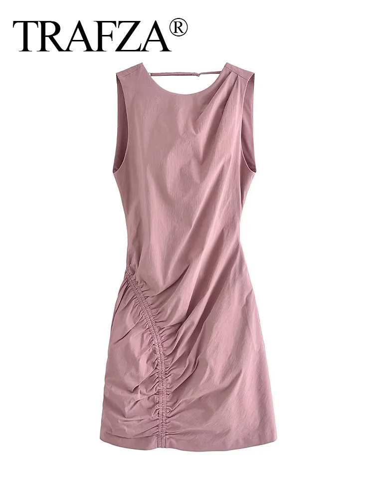 

TRAFZA Women Fashion Hollow Out Pleated Midi Dress Vintage Back Zipper Sleeveless Backless Solid Bodysuit Female Dresses