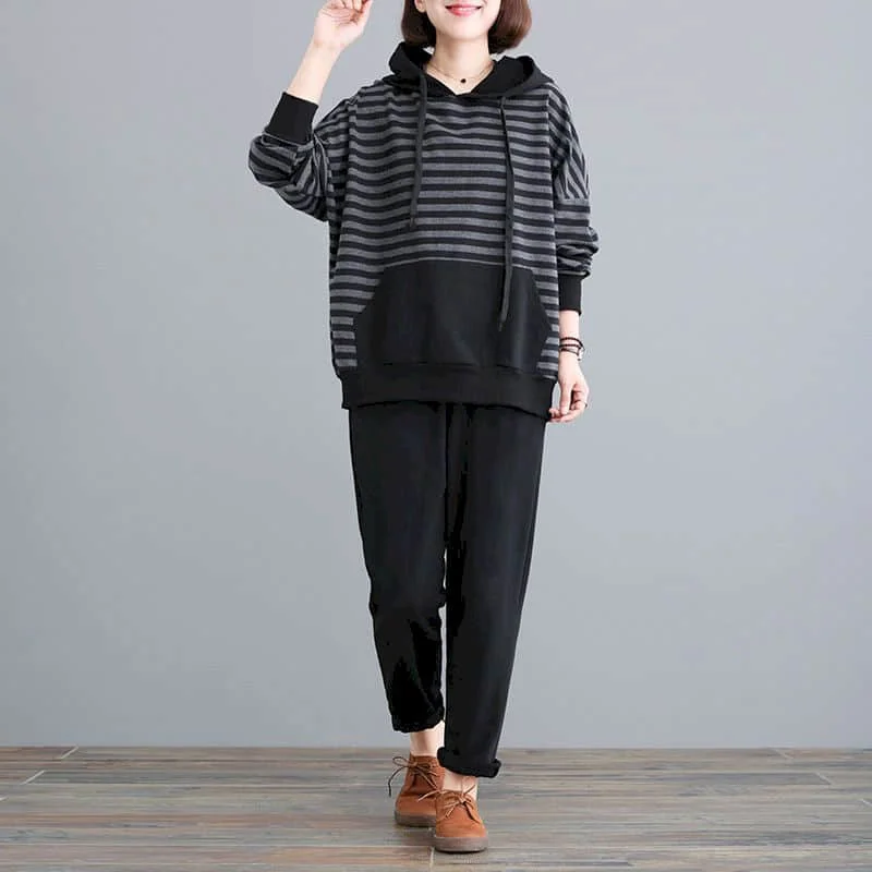 Комплект брюк Женский Повседневный, толстовка с длинным рукавом и шаровары с поясом на резинке, комплект из двух предметов в полоску в Корейском стиле
