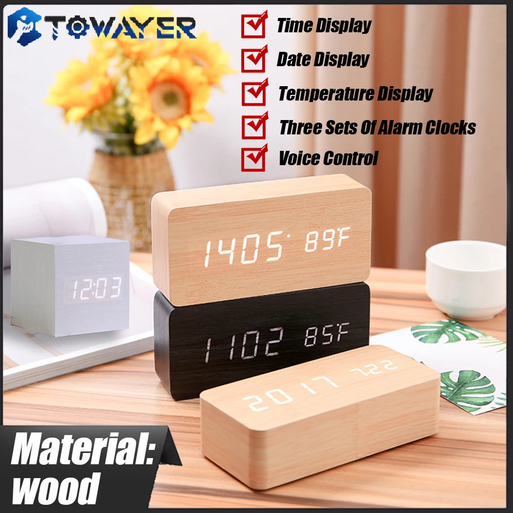 

Alarm Clock LED Wooden Digital Table Clock Voice Control Wood Despertador USB/AAA Powered Electronic Desktop Clocks