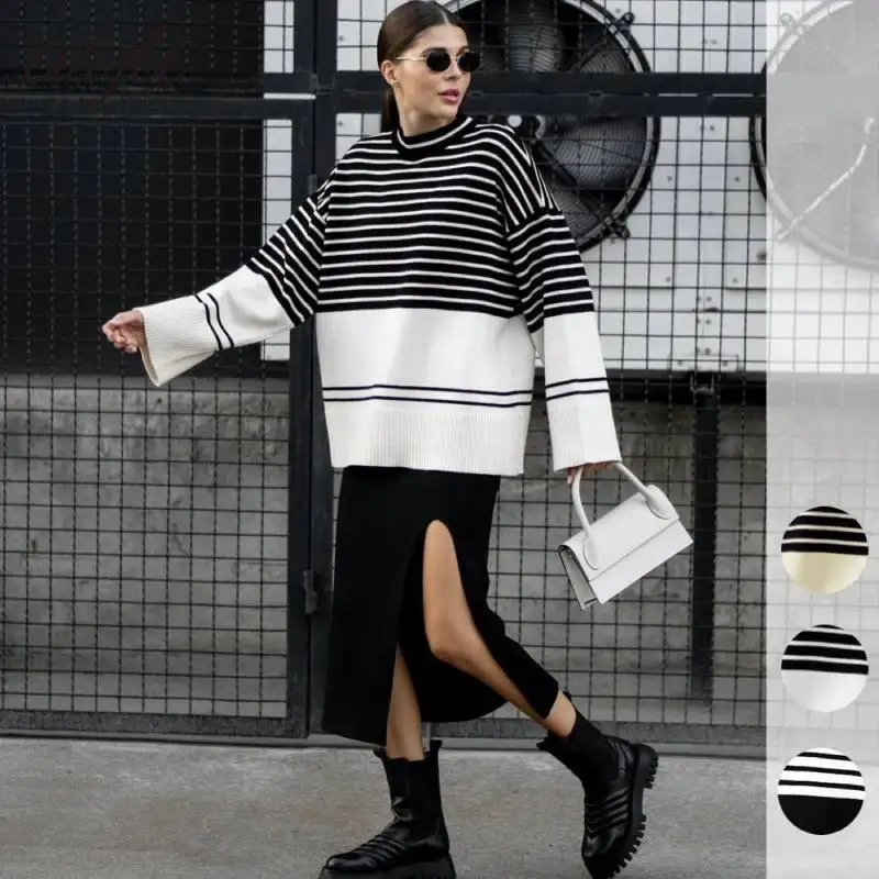 

Autumn Winter Striped Knitted Loose Sweater Women Pullover Tops Long Sleeve Y2k Casual Streetwear Korean Women Sweater Female
