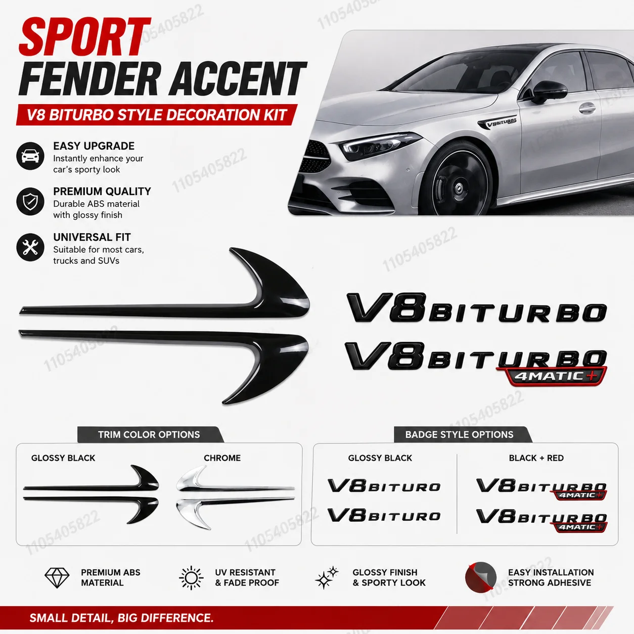 Фото Эмблема-значок V8 BITURBO 4MATIC+ на крыло для Mercedes-Benz AMG W117 W212 W213 W211 W204 W205 GLA GLC CLS, аксессуары №1
