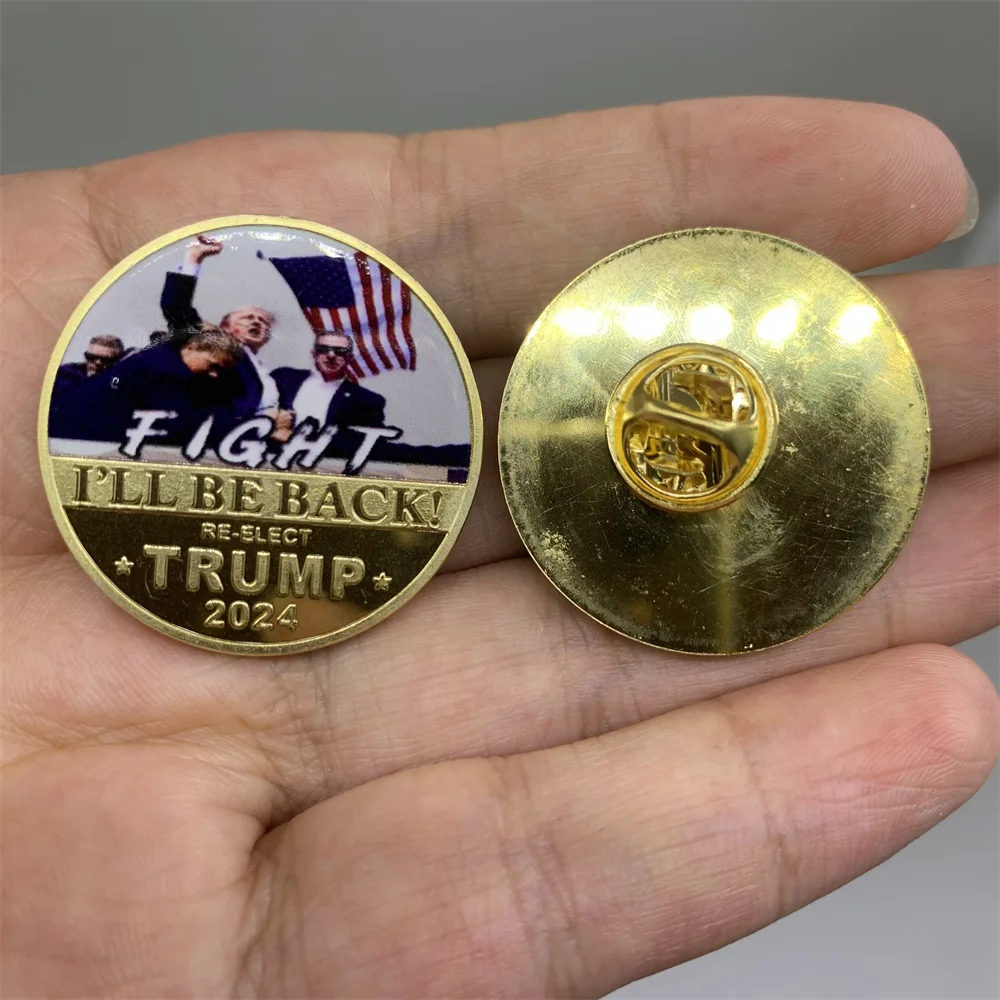 Золотые булавки с монетами Трампа 2024 броши изображением драки стрельбы я вернусь