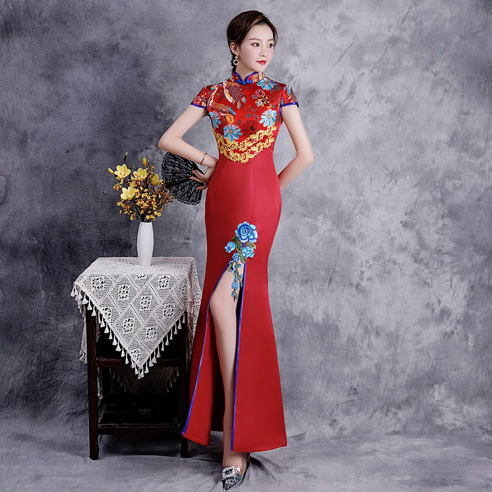 Sexy Embroidery Applique Cheongsam Retro Mandarin Collar Short Sleeve Hight Split Satin Qipao Chinese Women Evening Dress
