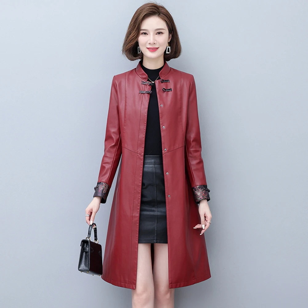 New Women Sheepskin Trench Coat Spring Autumn Fashion Stand Collar Slim Leather Outerwear Long Split Leather Tops Coat Winter