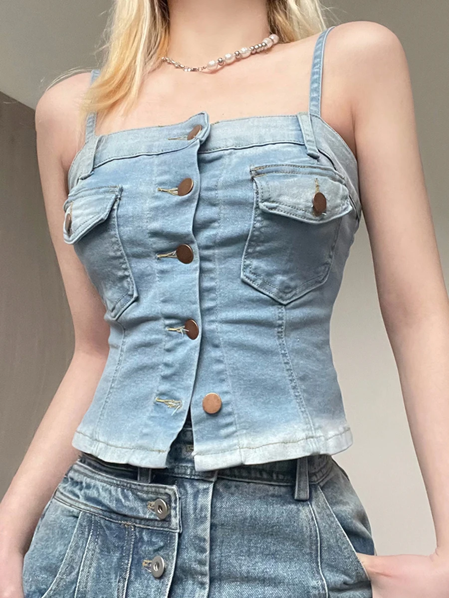 

Женский джинсовый топ с открытой спиной y2k, Кружевной укороченный топ на бретелях-спагетти с V-образным вырезом, без рукавов, с карманами, на пуговицах, уличная одежда