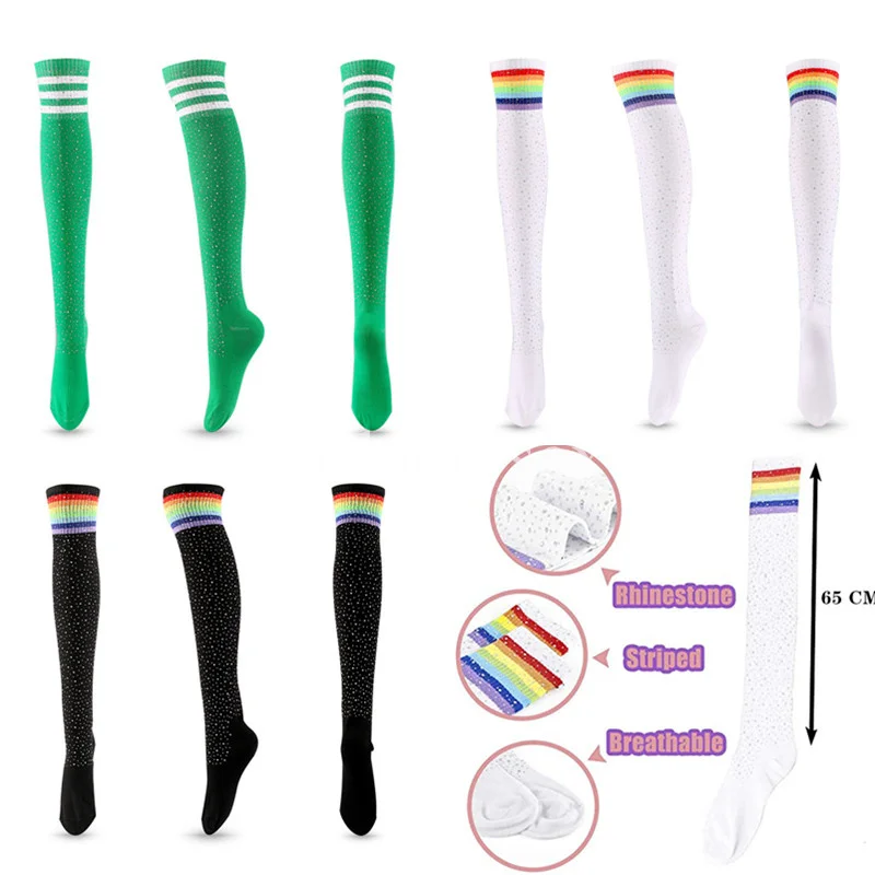 

New Compression Socks Women Rhinestone Striped Stockings Breathable Cotton Sport Sock Over Knee Stockings for Club,Party,Cosplay