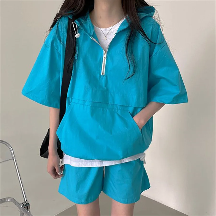 Hooded Sleepwear Korean Style Women Pajamas Shorts Sets Pijama Loungewear Summer Two Piece Set Zipper Night Wear Home Suit