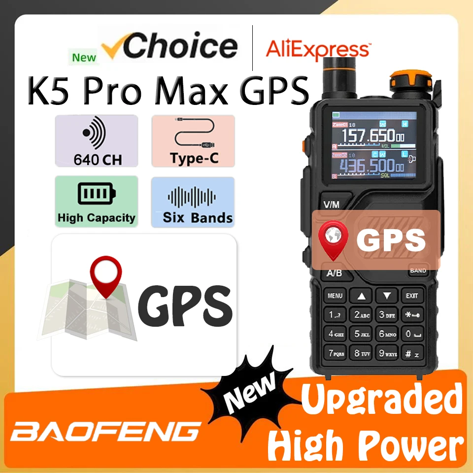 Baofeng K5 Pro Max GPS Рация С Зарядкой Через USB-C Многодиапазонное Радио AM FM NOAA Портативный