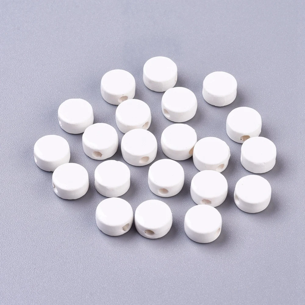 

20PC Handmade Porcelain Beads Bright Glazed Porcelain Flat Round Creamy White 8~8.5x4~4.5mm Hole: 2mm for Jewelry Making