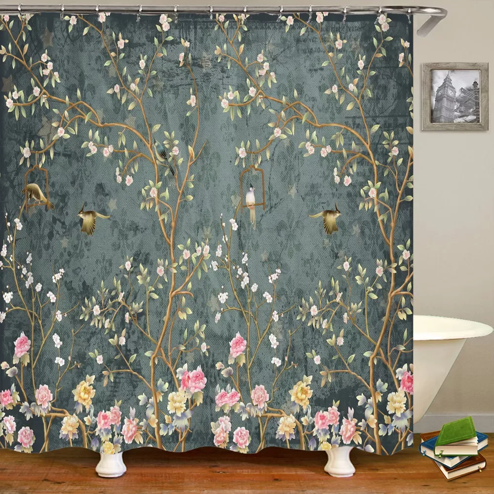 

2023 Chinese Style Flower and Birds Tree Shower Curtains Bath Curtain Waterproof Bathroom Decor With Hooks 3d Printing Bath Curt