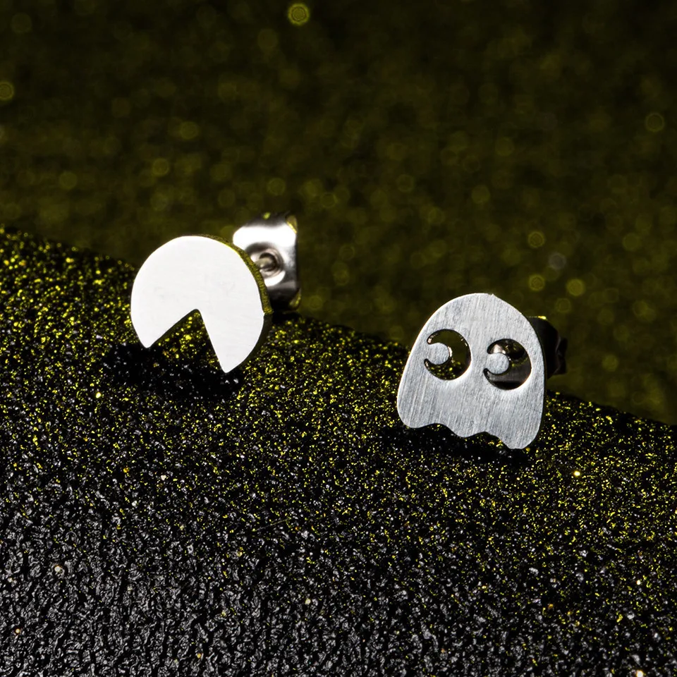 

TULX Stainless Steel Stud Earring Asymmetrical Ghost Pacman Earrings For Women Jewelry brincos boucle d'oreille pendientes