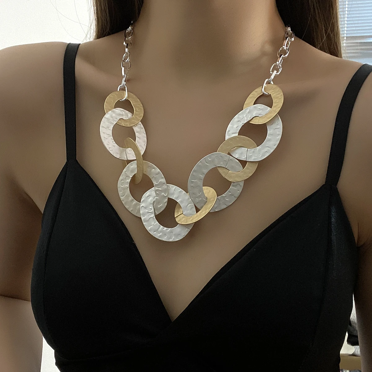 

Amorcome Mixed Metal Geometric Round Pendant Statement Necklace Bohemian Chunky Paperclip Chain Long Necklace Women Jewelry