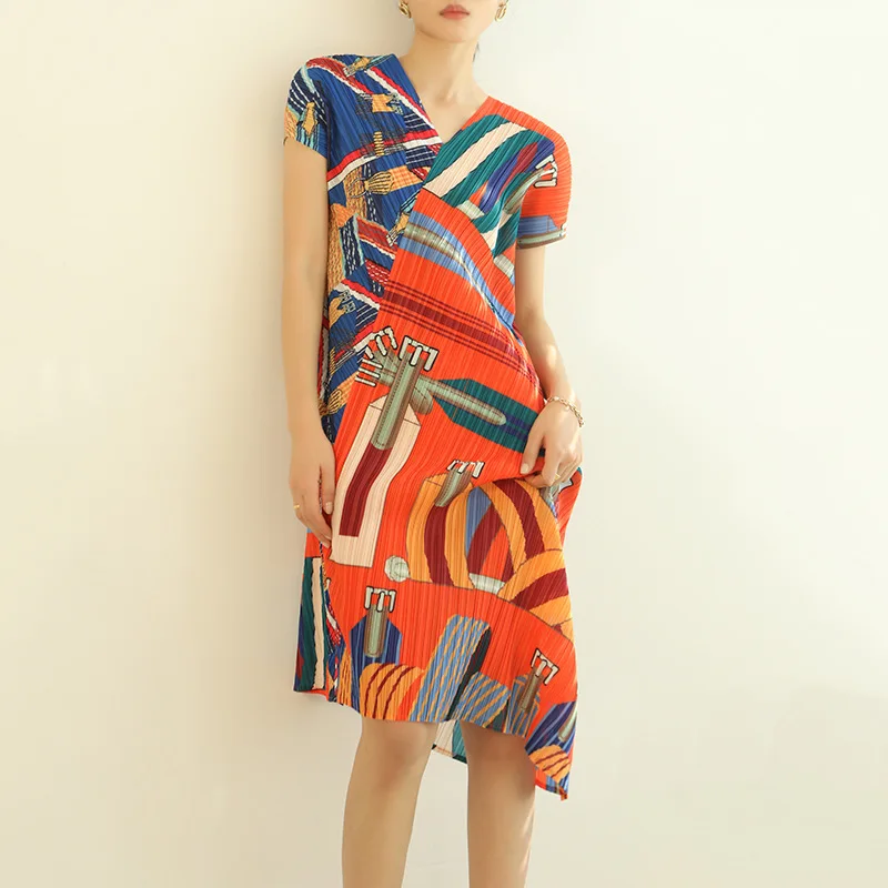 

Miyake pleated ladies orange dress summer new V-neck women's slim slim elastic bottoming skirt large size
