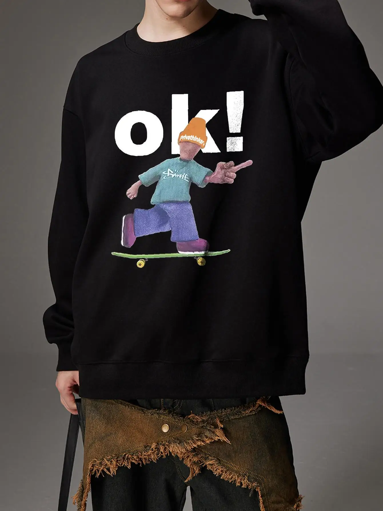 OK Print Man High Street Style Pullovers Oversize Hoodies Kpop Unisex Y2k Designer Brand Clothing Drop Shoulder Male