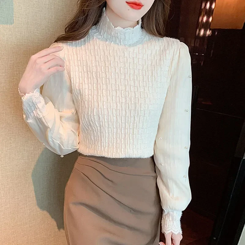 Модная женская блузка с длинным рукавом бархатная утолщенная воротником-стойкой