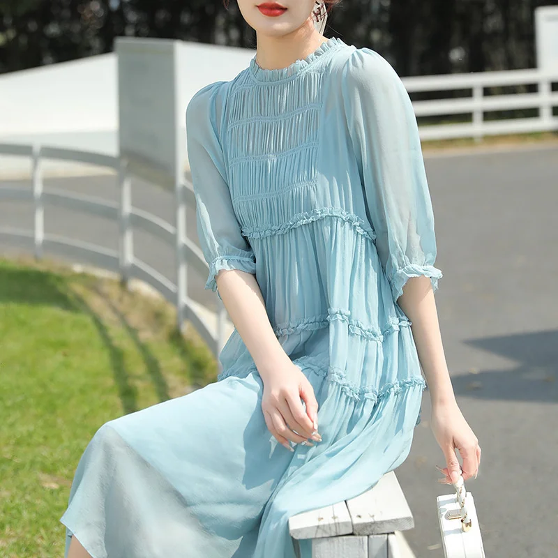 Blue mulberry silk dress for summer women 2023 new high-end loose comfortable fashion silk long dress 23E001