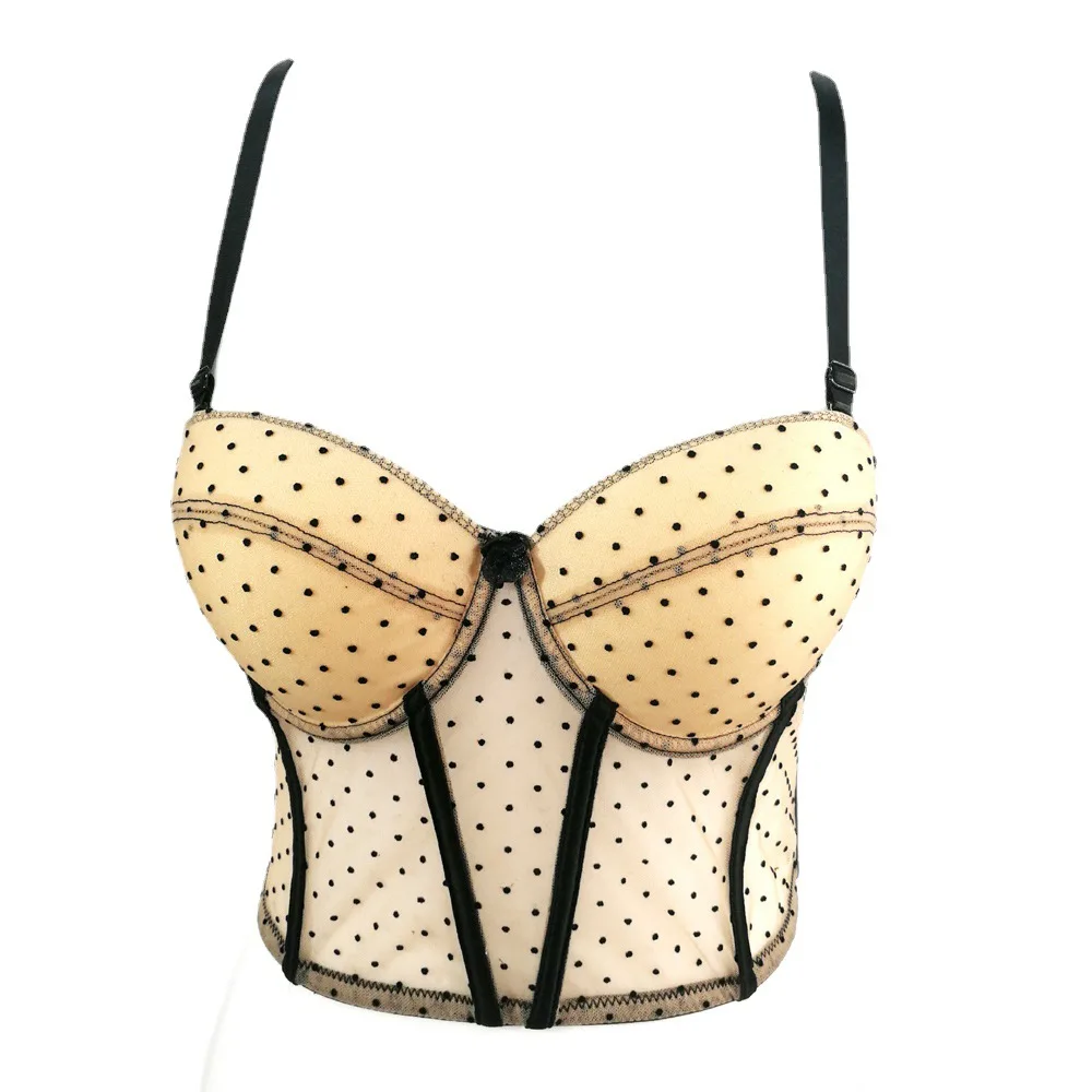 

Polka Dot Sexy Wrapped Chest Lace Bustier Crop Tops Transparent Mesh Push Up Bralet Women's Corset Bustier Bra Night Club Party
