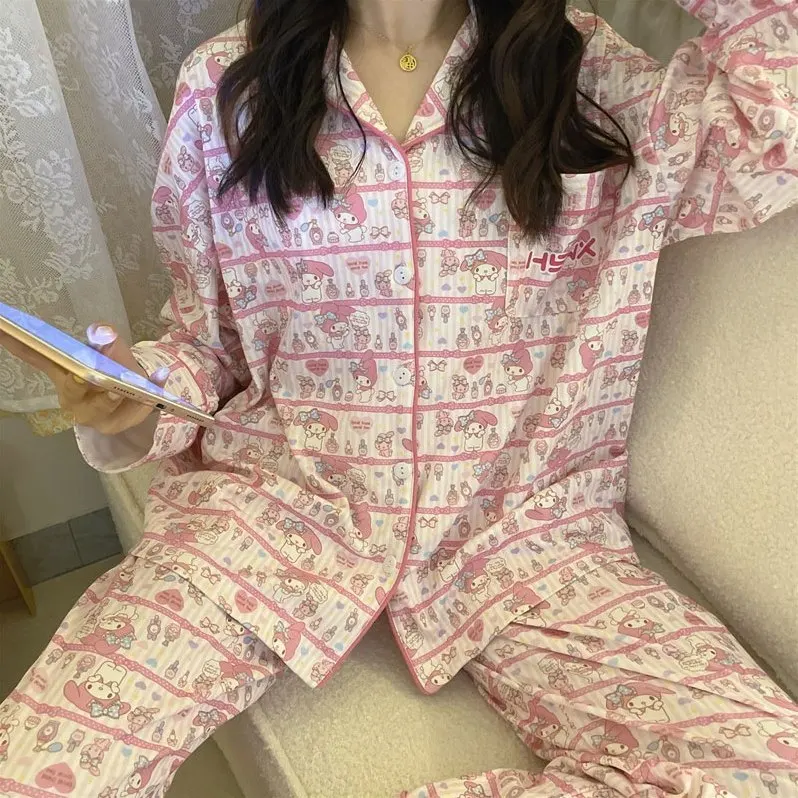 

Sanrio My Melody Pajamas Kuromi Crayon Shin-Chan Female Autumn Students Cartoon Striped Girls Home Kawaii Clothes Suit Gift