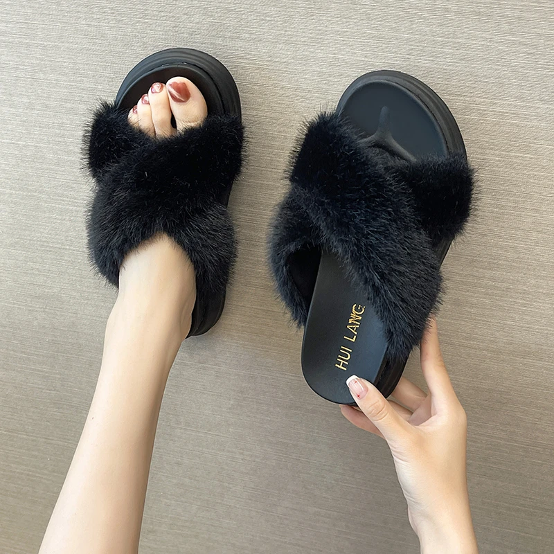 

Pink Solid Fur Slippers Open Toe Fluffy Flat Shoes Women Black Fashion Thich Bottom Sliders Furry Casual Footwear